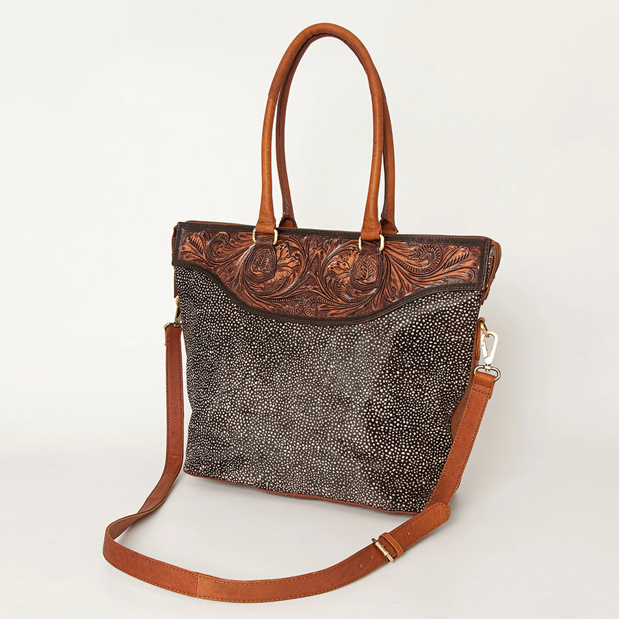 American Darling Hand Tooled Floral Leather Tote Bag with Hair-On Cowhide Accent - Uhorse