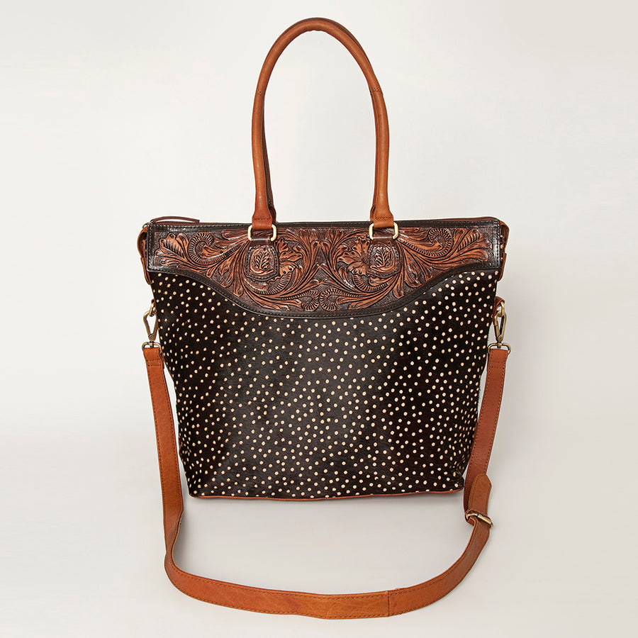 American Darling Tote Bag Hand Tooled Floral Carved Hair-On Cowhide Genuine Vegetable Tanned Leather 14in X 14in X 6in
