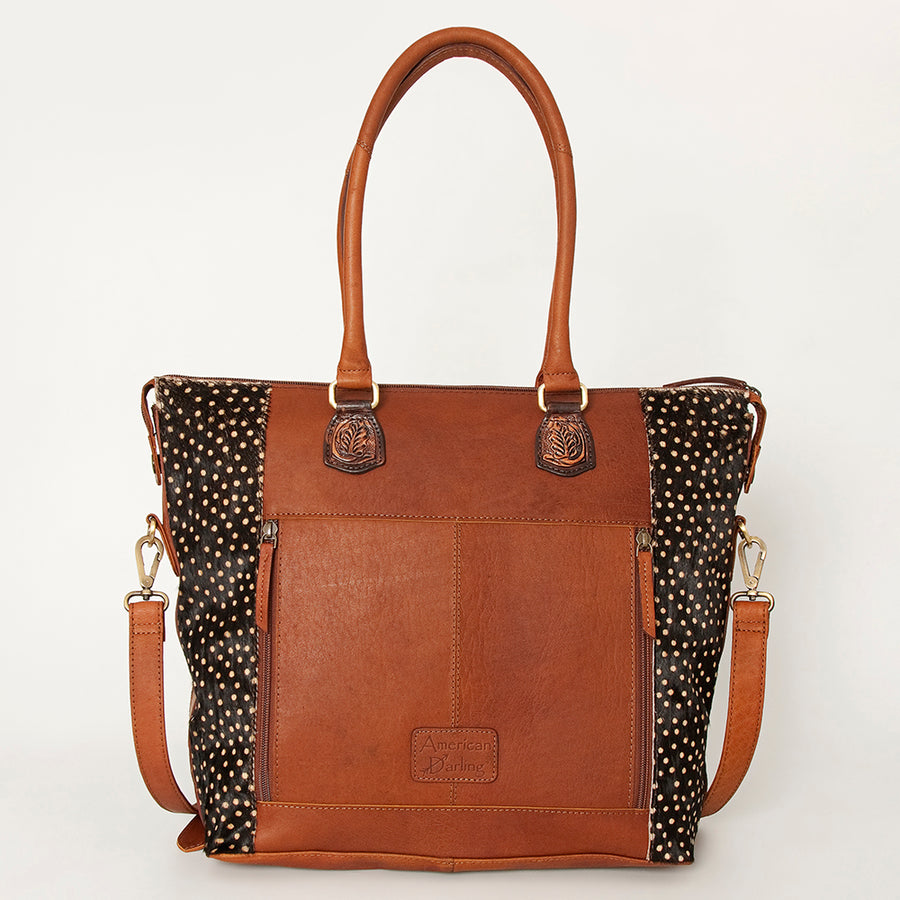 American Darling Tote Bag Hand Tooled Floral Carved Hair-On Cowhide Genuine Vegetable Tanned Leather 14in X 14in X 6in