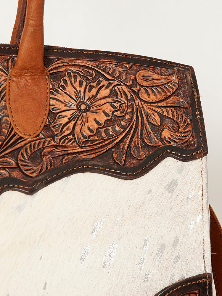 American Darling Hobo Bag Hand Tooled Floral Carved Hair-On Cowhide Genuine Vegetable Tanned Leather 9in X 14in X 4in