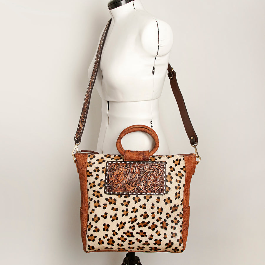 American Darling Hand-Tooled Leather Tote Bag, Hair-On Cowhide Western Purse, Buck Stitched, 14in (H) X 13.25in (W) X 4.25in (D)