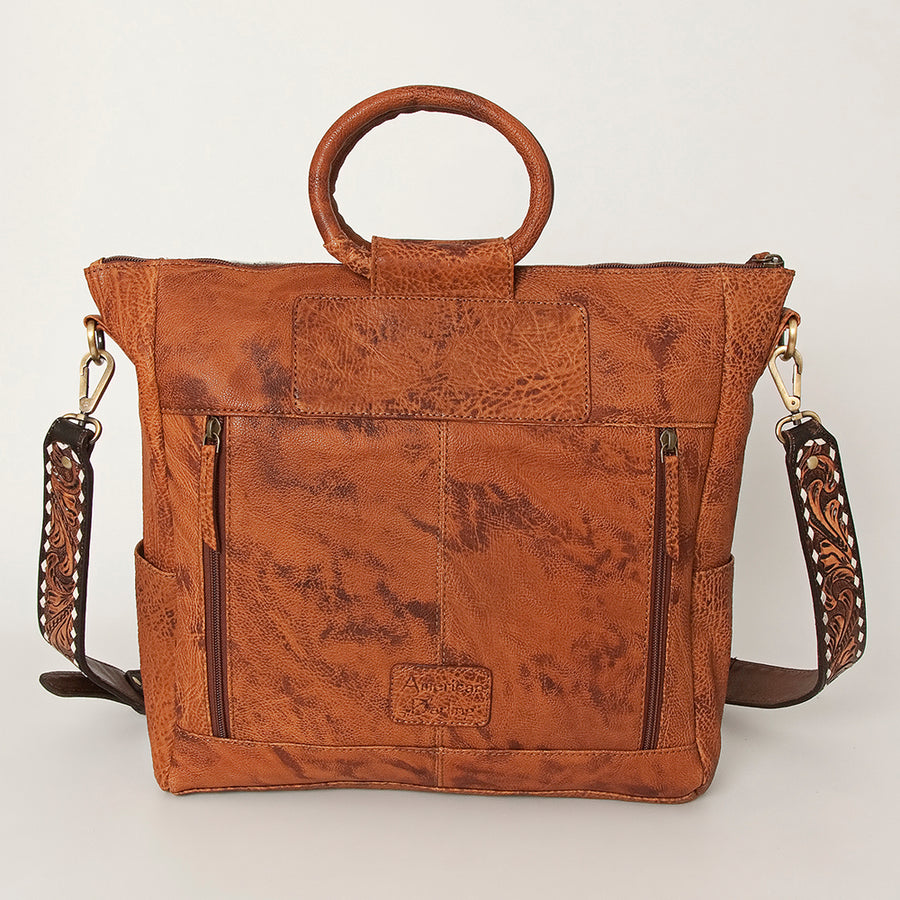 American Darling Hand-Tooled Leather Tote Bag, Hair-On Cowhide Western Purse, Buck Stitched, 14in (H) X 13.25in (W) X 4.25in (D)