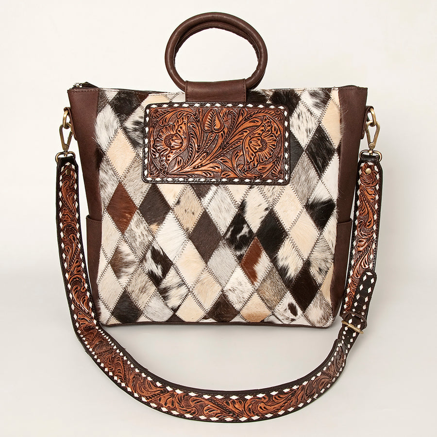 American Darling Hand-Tooled Leather Tote Bag, Hair-On Cowhide Western Purse, Buck Stitched, 14in (H) X 13.25in (W) X 4.25in (D)