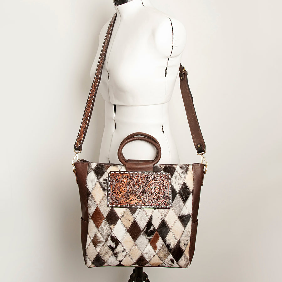 American Darling Hand-Tooled Leather Tote Bag, Hair-On Cowhide Western Purse, Buck Stitched, 14in (H) X 13.25in (W) X 4.25in (D)