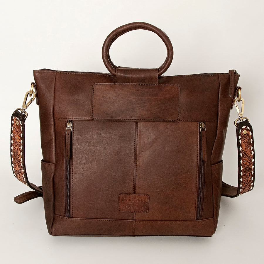 American Darling Hand-Tooled Leather Tote Bag, Hair-On Cowhide Western Purse, Buck Stitched, 14in (H) X 13.25in (W) X 4.25in (D)