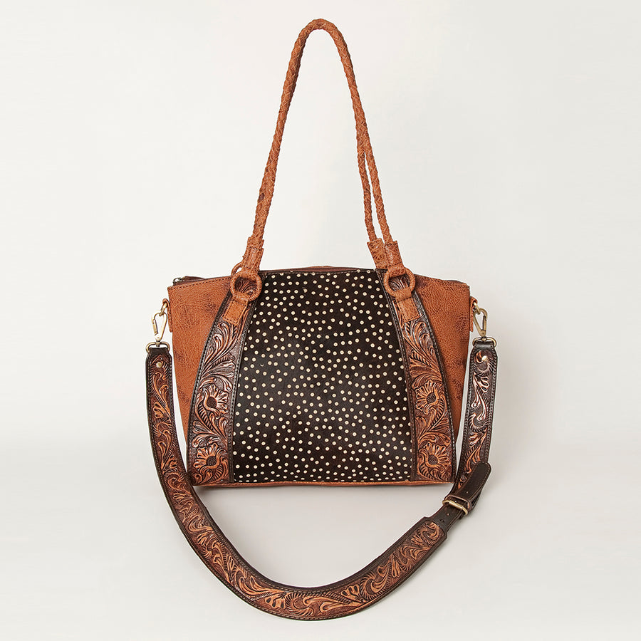American Darling Hair-On Cowhide Tote Bag, Hand-Tooled Floral Western Leather Purse, Buck Stitched, 10in (H) X 13.5in (W) X 4in (D)