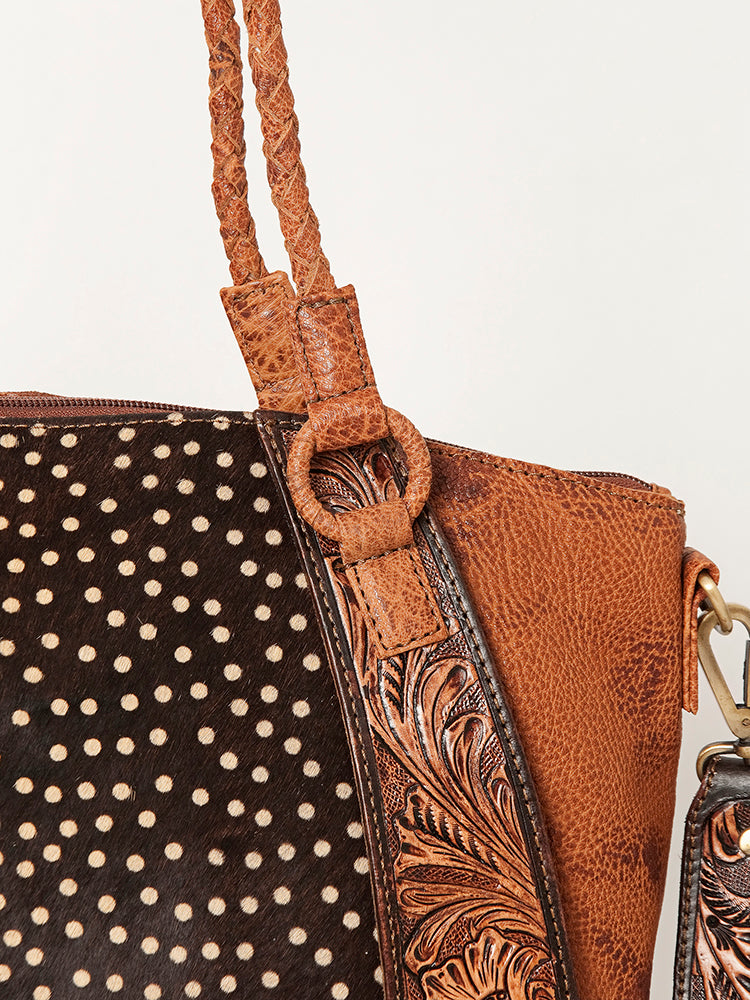 American Darling Hair-On Cowhide Tote Bag, Hand-Tooled Floral Western Leather Purse, Buck Stitched, 10in (H) X 13.5in (W) X 4in (D)