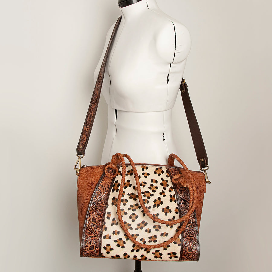 American Darling Hair-On Cowhide Tote Bag, Hand-Tooled Floral Western Leather Purse, Buck Stitched, 10in (H) X 13.5in (W) X 4in (D)