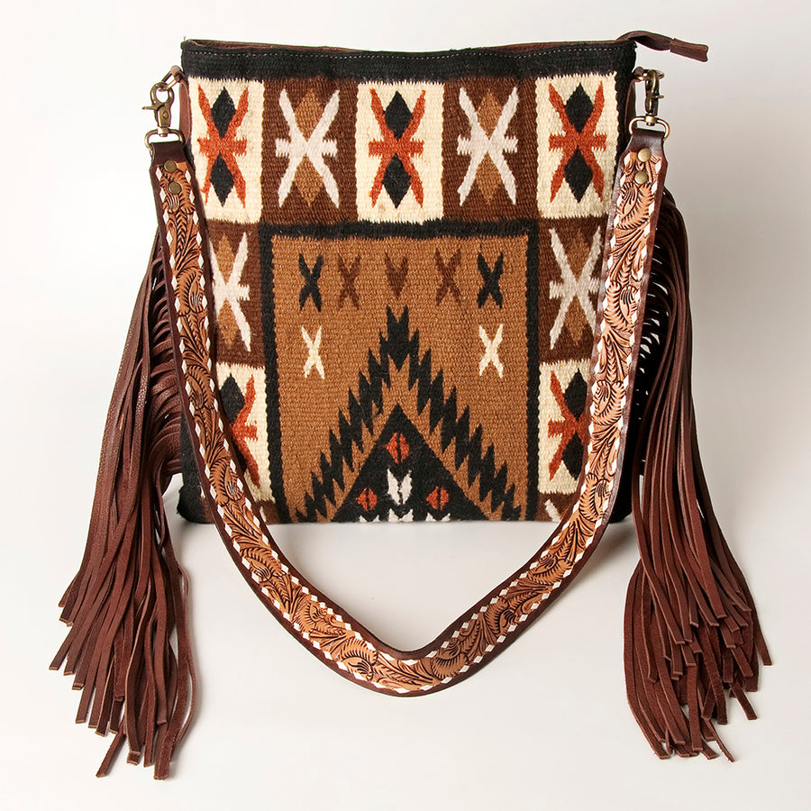 American Darling Hand Tooled Genuine Leather Large Cross body Bag Women's Saddle Blanket Purse with Fringes & YKK Zipper