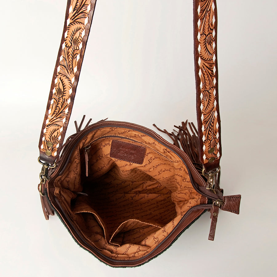 American Darling Hand Tooled Genuine Leather Large Cross body Bag Women's Saddle Blanket Purse with Fringes & YKK Zipper