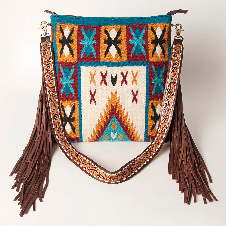 American Darling Hand Tooled Genuine Leather Large Cross body Bag Women's Saddle Blanket Purse with Fringes & YKK Zipper