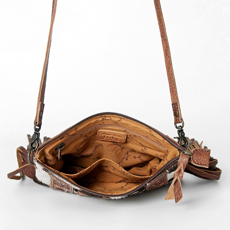 American Darling Western Small Crossbody Bag – Genuine Hair-On Cowhide Leather with Fringes, Adjustable Strap, Handcrafted in Texas