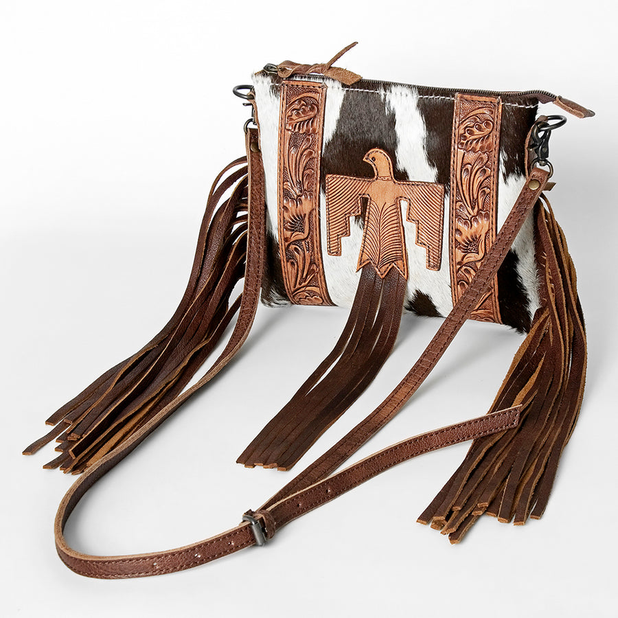 American Darling Hair-On Cowhide Crossbody Bag with Hand Tooled and Leather Fringe - Uhorse