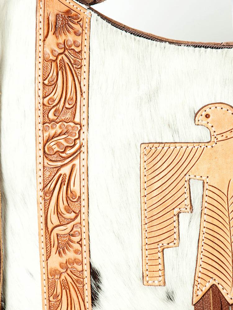 American Darling Hobo Bag for Women, Hand Tooled Floral Leather & Hair-On Cowhide Western Purse with Fringes & YKK Zipper