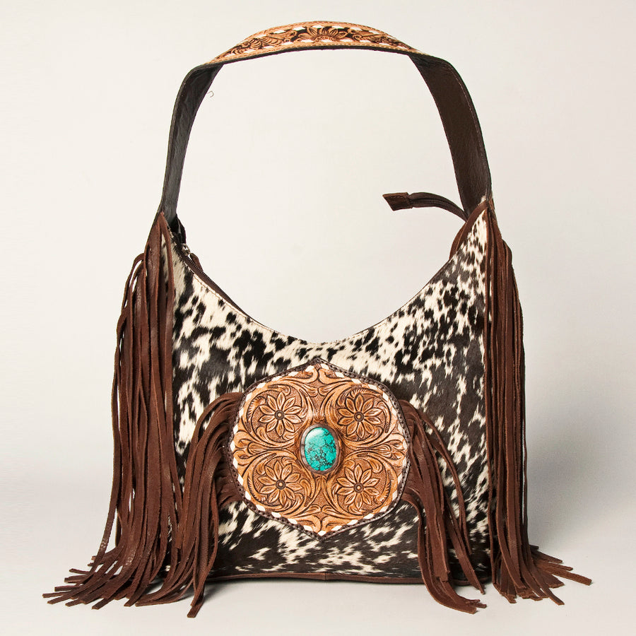 American Darling Genuine Leather Tote Bag for Women Hair-On Cowhide Floral Carved Purse with Fringes, Turquoise Concho & YKK Zipper