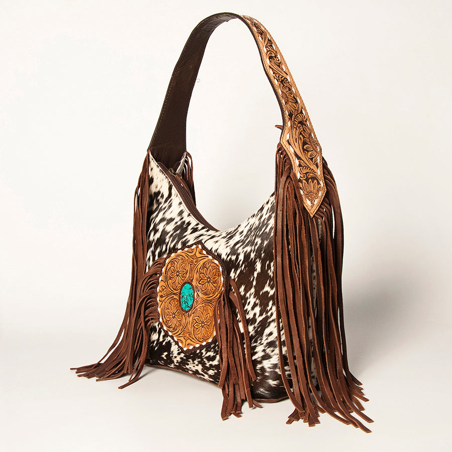 American Darling Genuine Leather Tote Bag for Women Hair-On Cowhide Floral Carved Purse with Fringes, Turquoise Concho & YKK Zipper