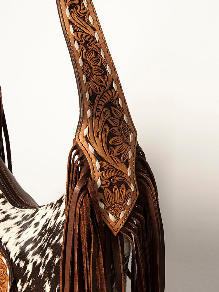American Darling Genuine Leather Tote Bag for Women Hair-On Cowhide Floral Carved Purse with Fringes, Turquoise Concho & YKK Zipper