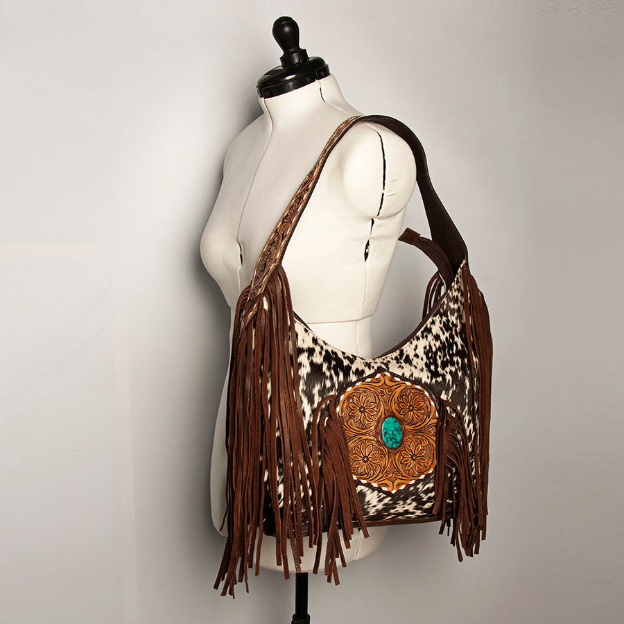 American Darling Genuine Leather Tote Bag for Women Hair-On Cowhide Floral Carved Purse with Fringes, Turquoise Concho & YKK Zipper