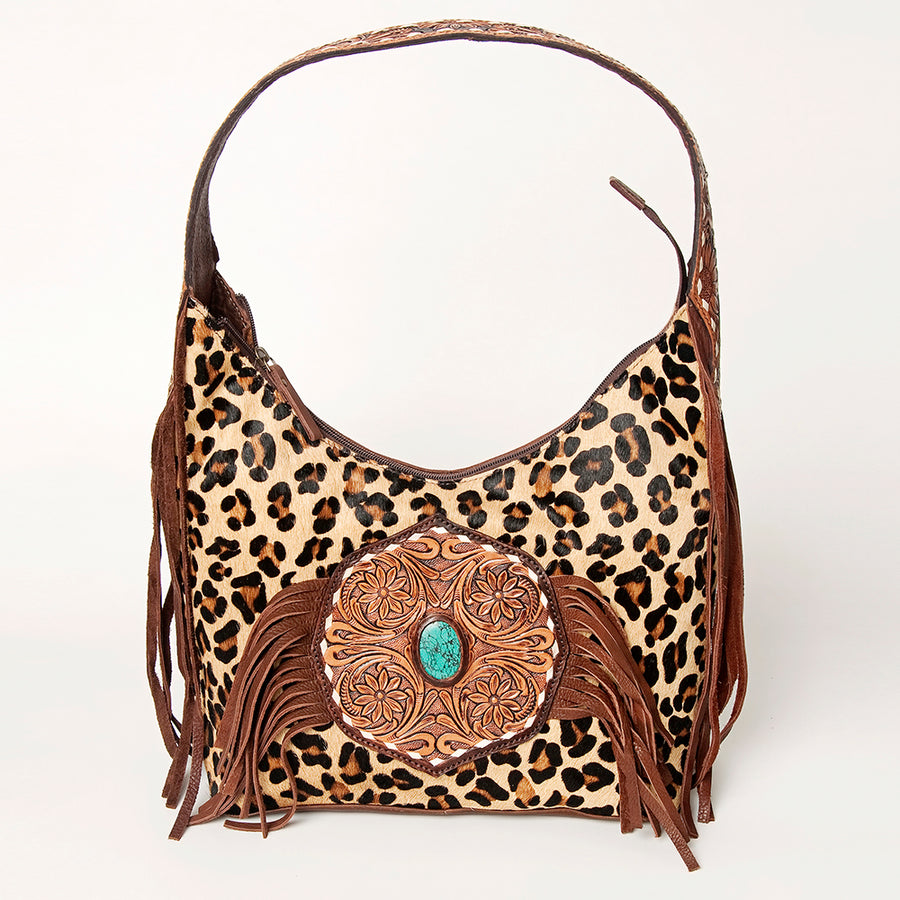 American Darling Genuine Leather Tote Bag for Women Hair-On Cowhide Floral Carved Purse with Fringes, Turquoise Concho & YKK Zipper