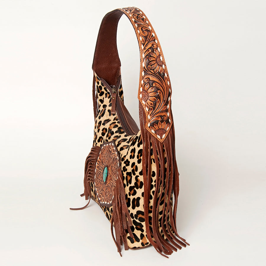 American Darling Genuine Leather Tote Bag for Women Hair-On Cowhide Floral Carved Purse with Fringes, Turquoise Concho & YKK Zipper