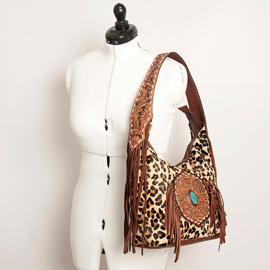 American Darling Genuine Leather Tote Bag for Women Hair-On Cowhide Floral Carved Purse with Fringes, Turquoise Concho & YKK Zipper