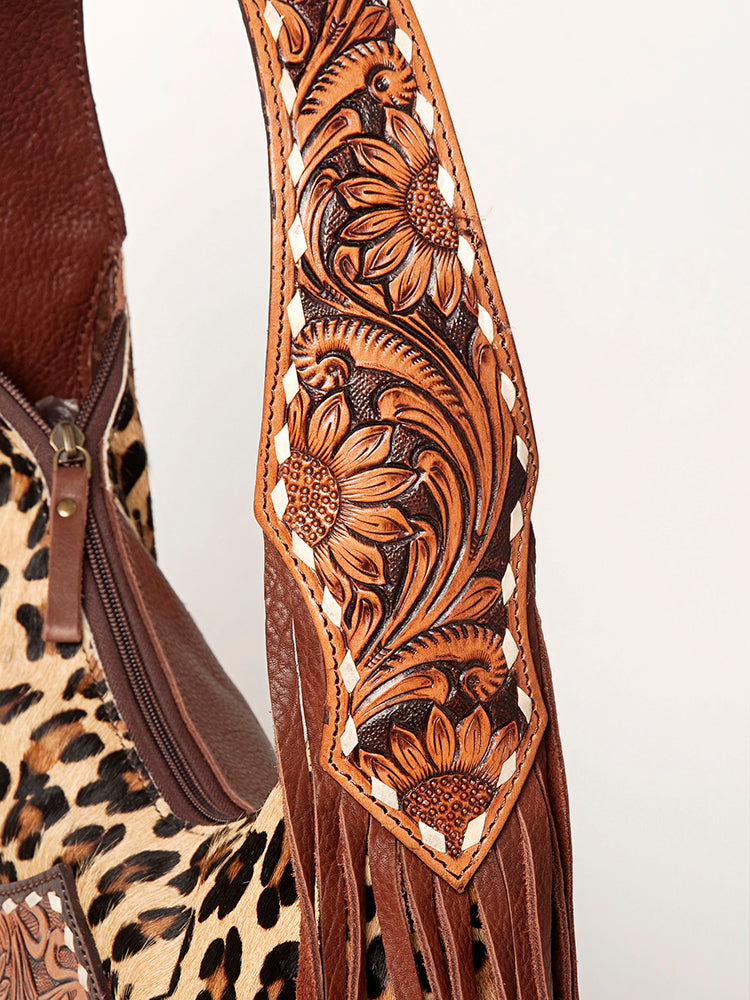 American Darling Genuine Leather Tote Bag for Women Hair-On Cowhide Floral Carved Purse with Fringes, Turquoise Concho & YKK Zipper