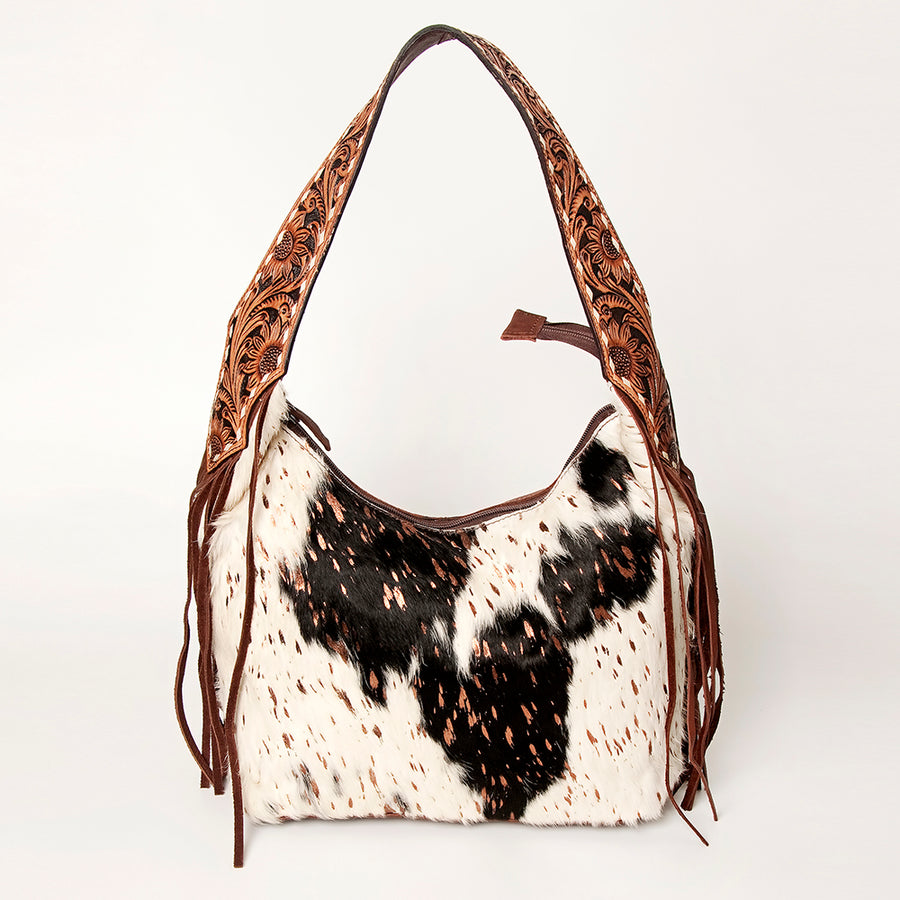 American Darling Hand Tooled Genuine Leather Hobo Bag for Women Hair-On Cowhide Floral Carved Purse with Fringes & YKK Zipper