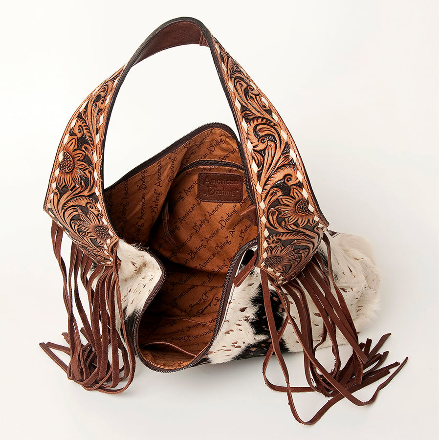 American Darling Hand Tooled Genuine Leather Hobo Bag for Women Hair-On Cowhide Floral Carved Purse with Fringes & YKK Zipper