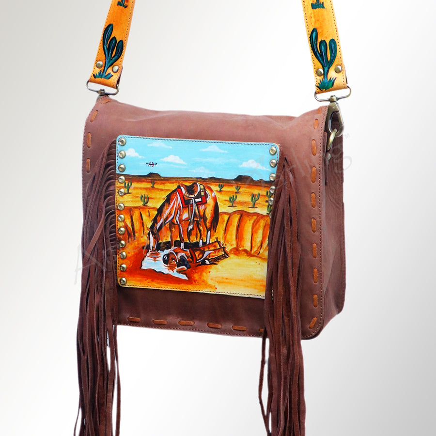 American Darling Hand Tooled Cross body Bag - Fringed Western Leather Purse - Uhorse