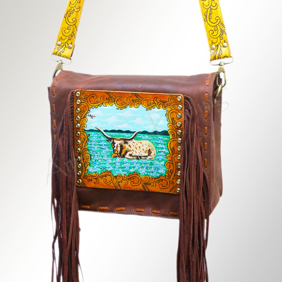 American Darling Hand Tooled Cross body Bag - Fringed Western Leather Purse - Uhorse