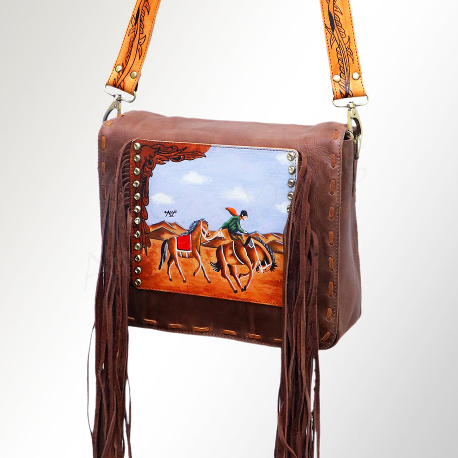 American Darling Hand Tooled Cross body Bag - Fringed Western Leather Purse - Uhorse