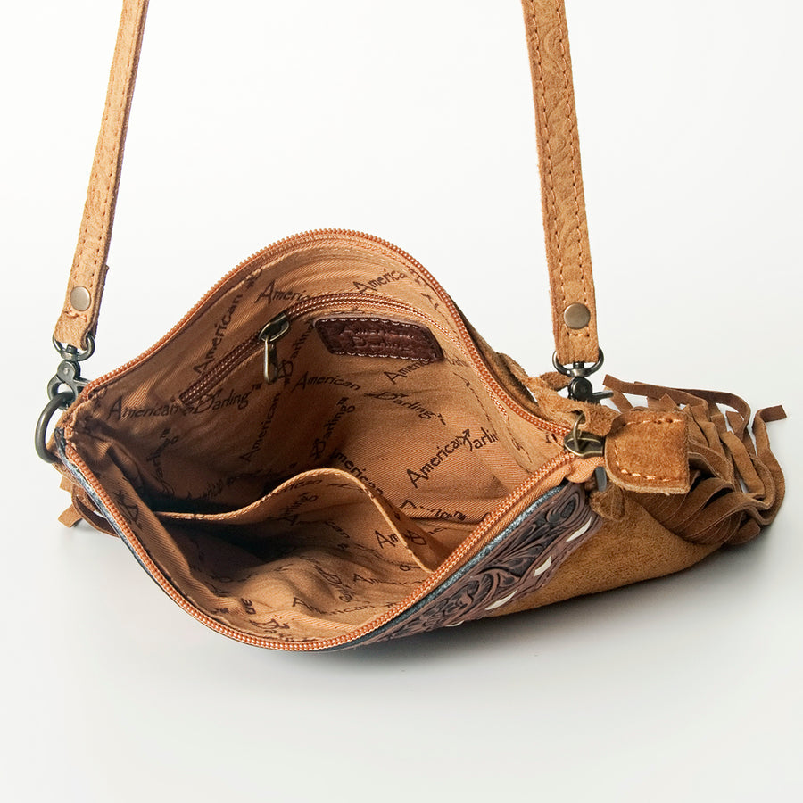 American Darling Western Small Crossbody Bag – Genuine Hair-On Cowhide Leather with Fringes, Adjustable Strap, Handcrafted in Texas