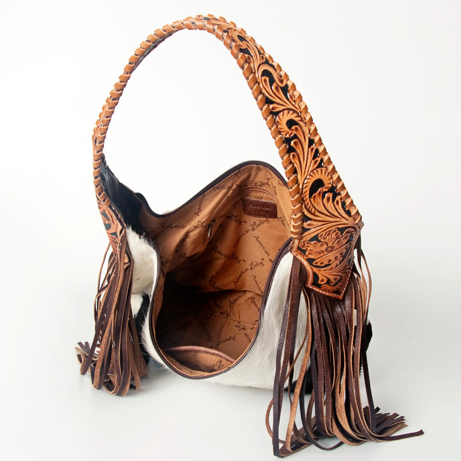 American Darling Hobo Bag for Women, Hand Tooled Floral Leather & Hair-On Cowhide Western Purse with Fringes & YKK Zipper