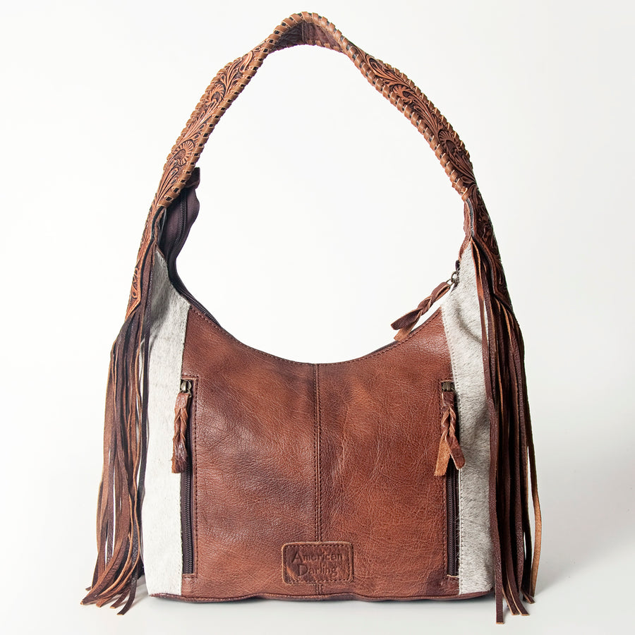 American Darling Hobo Bag for Women, Hand Tooled Floral Leather & Hair-On Cowhide Western Purse with Fringes & YKK Zipper