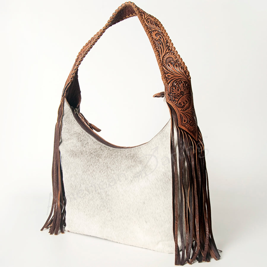 American Darling Western Leather Hobo Bag - Hand Tooled Cowhide and Fringe Purse - Uhorse