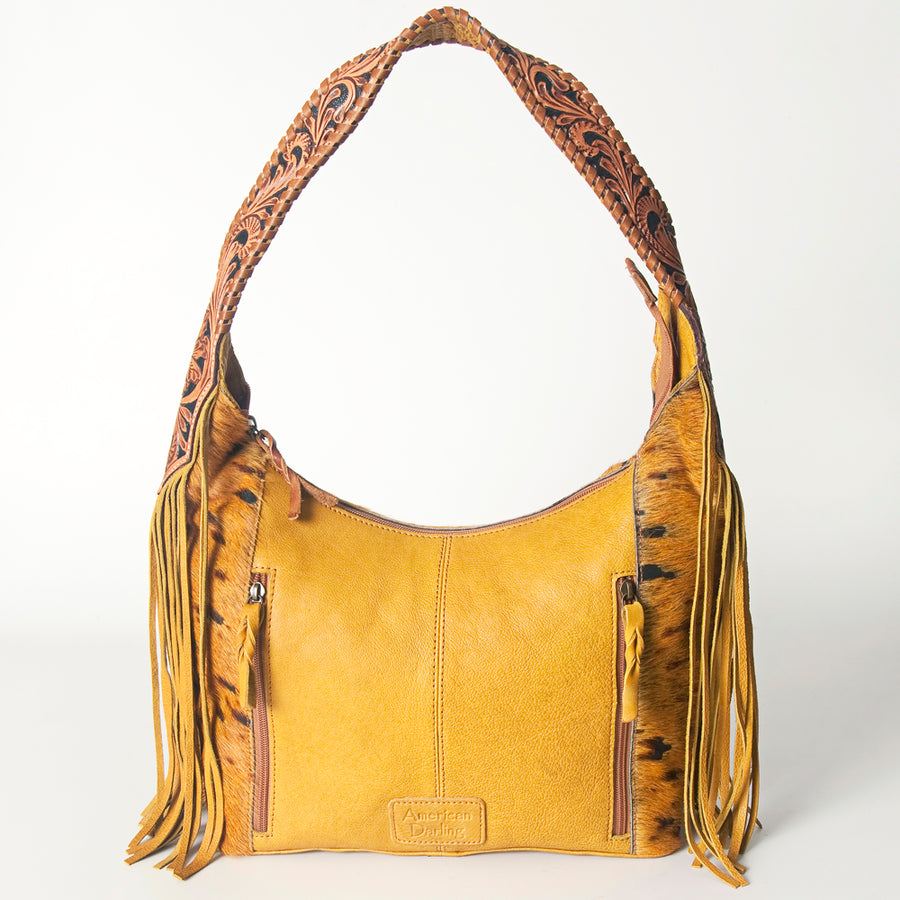 American Darling Hobo Bag for Women, Hand Tooled Floral Leather & Hair-On Cowhide Western Purse with Fringes & YKK Zipper