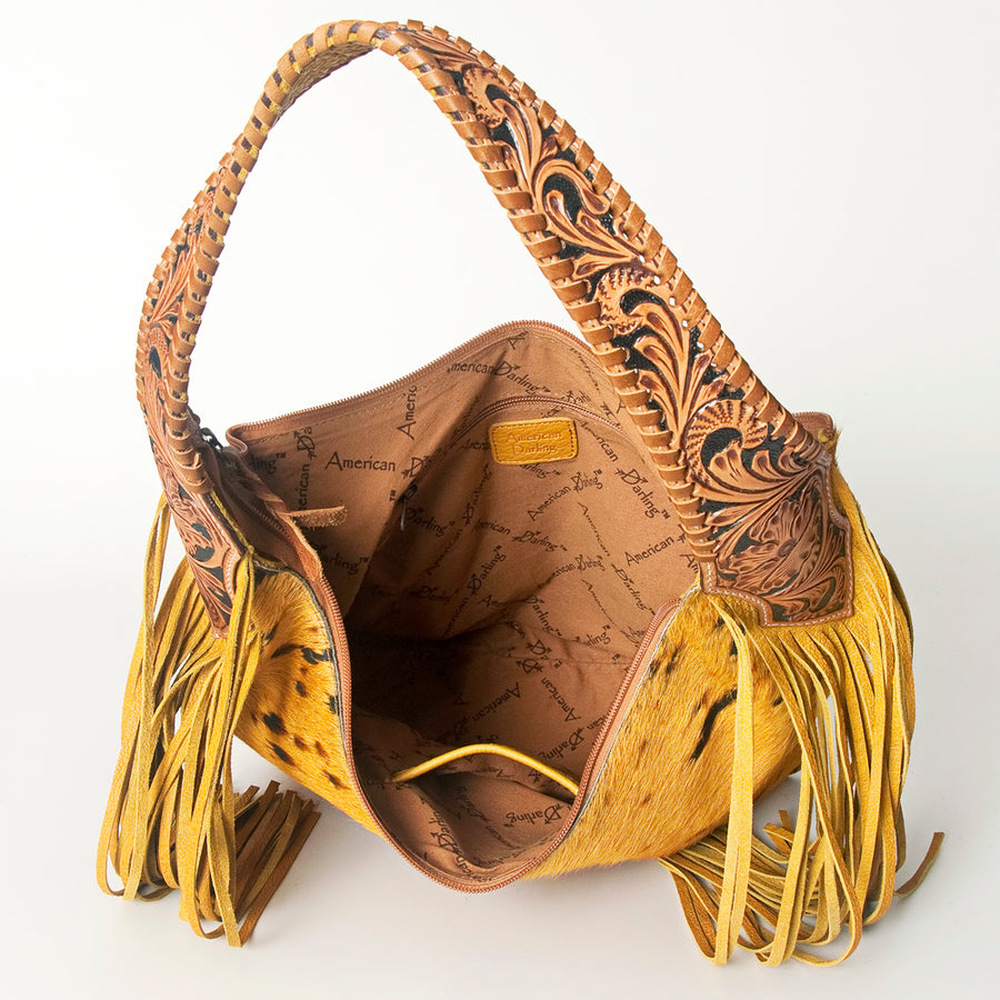 American Darling Hobo Bag for Women, Hand Tooled Floral Leather & Hair-On Cowhide Western Purse with Fringes & YKK Zipper