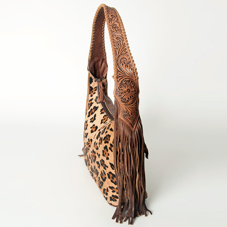 American Darling Hobo Bag for Women, Hand Tooled Floral Leather & Hair-On Cowhide Western Purse with Fringes & YKK Zipper