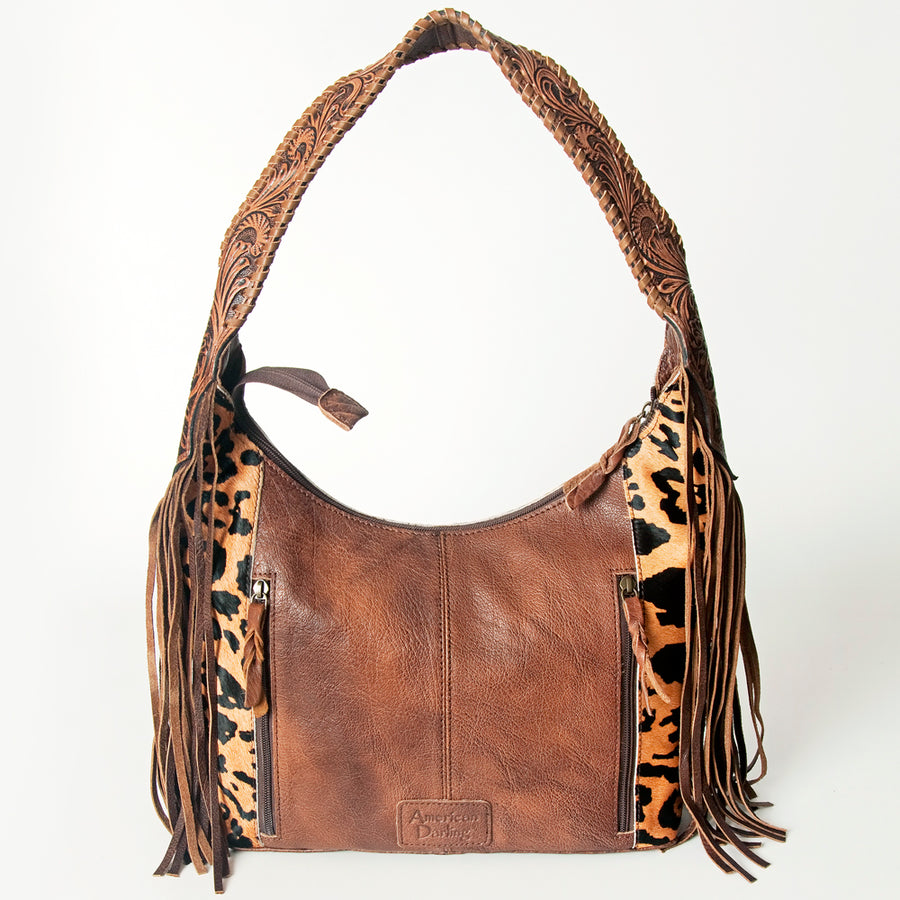 American Darling Hobo Bag for Women, Hand Tooled Floral Leather & Hair-On Cowhide Western Purse with Fringes & YKK Zipper