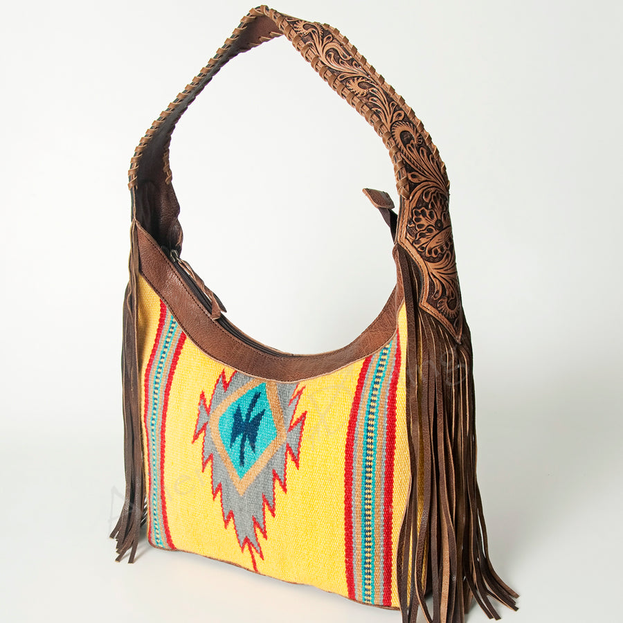 American Darling Hand Tooled Leather Hobo Bag with Hand Woven Saddle Blanket and Fringes - Uhorse