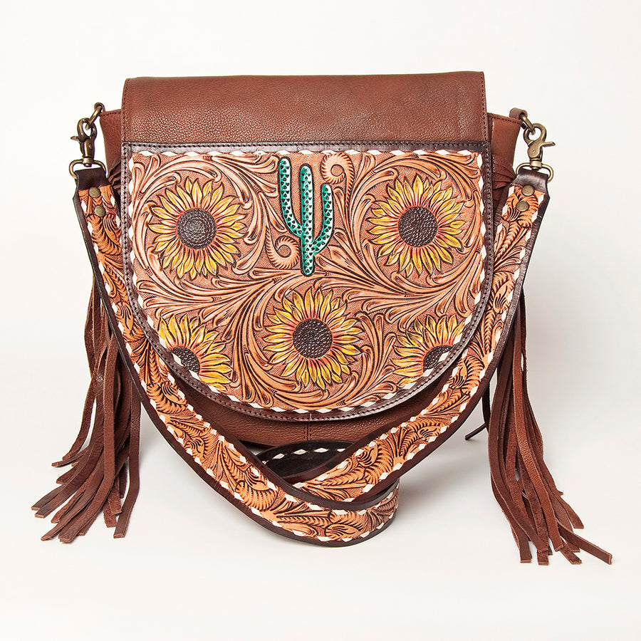 American Darling Messenger Hand Tooled Floral Carved Genuine Leather with Fringes Buck Stitched Western Accessories