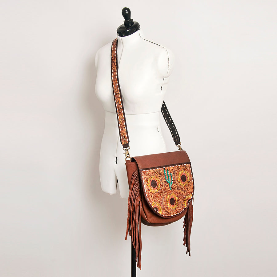 American Darling Messenger Hand Tooled Floral Carved Genuine Leather with Fringes Buck Stitched Western Accessories