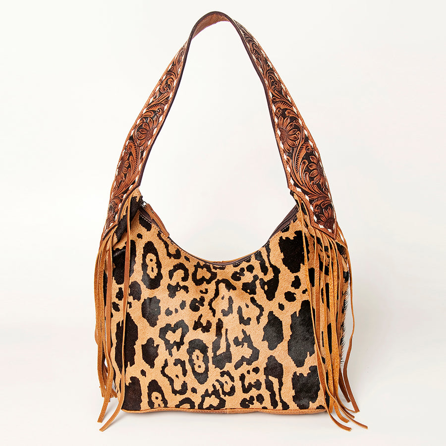 American Darling Genuine Leather Hobo Bag for Women Hair-On Cowhide Floral Carved Tooled Purse with Fringes & YKK Zipper