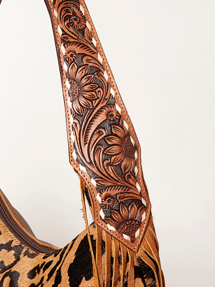 American Darling Genuine Leather Hobo Bag for Women Hair-On Cowhide Floral Carved Tooled Purse with Fringes & YKK Zipper
