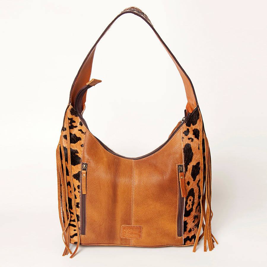 American Darling Genuine Leather Hobo Bag for Women Hair-On Cowhide Floral Carved Tooled Purse with Fringes & YKK Zipper
