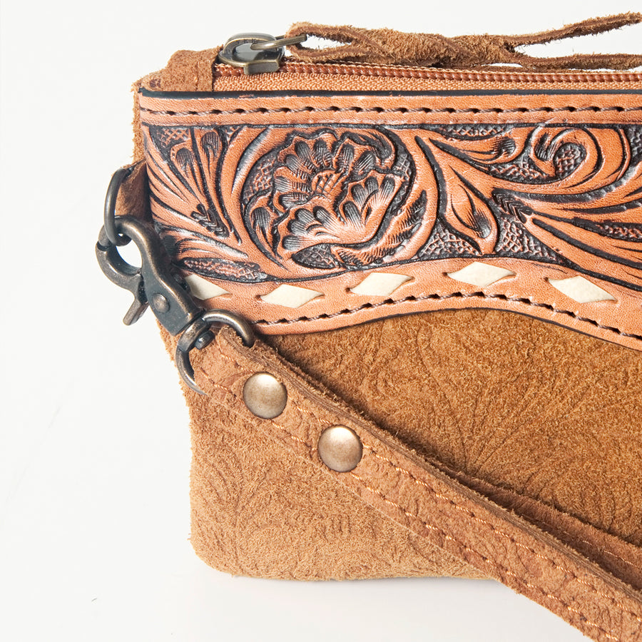 American Darling Wristlet Bag Handcrafted from Floral Embossed Damascus Genuine Leather with YKK Zipper and Wrist Strap