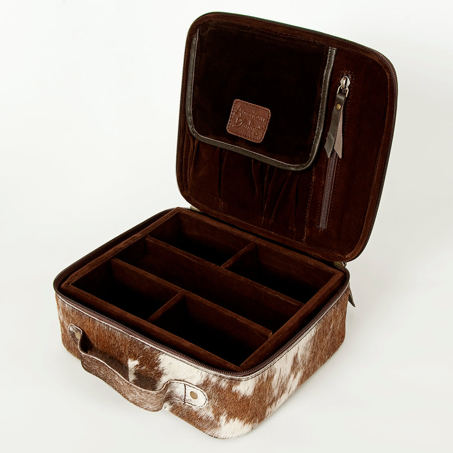 American Darling Genuine Leather Jewelry Case for Women Hair-On Cowhide Travel Organizer Box with YKK Zipper
