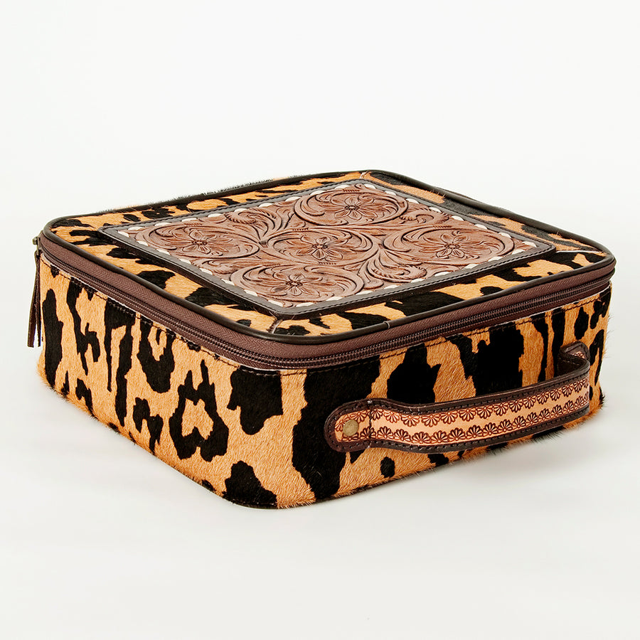 American Darling Genuine Leather Jewelry Case Hair-On Cowhide Floral Carved Tooled Travel Organizer Box with YKK Zipper