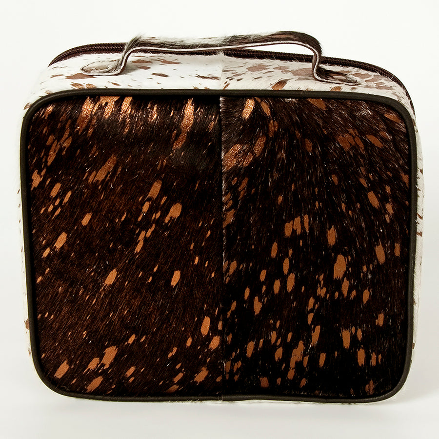American Darling Genuine Leather Jewelry Case for Women Hair-On Cowhide Travel Organizer Box with Top Handle & YKK Zipper