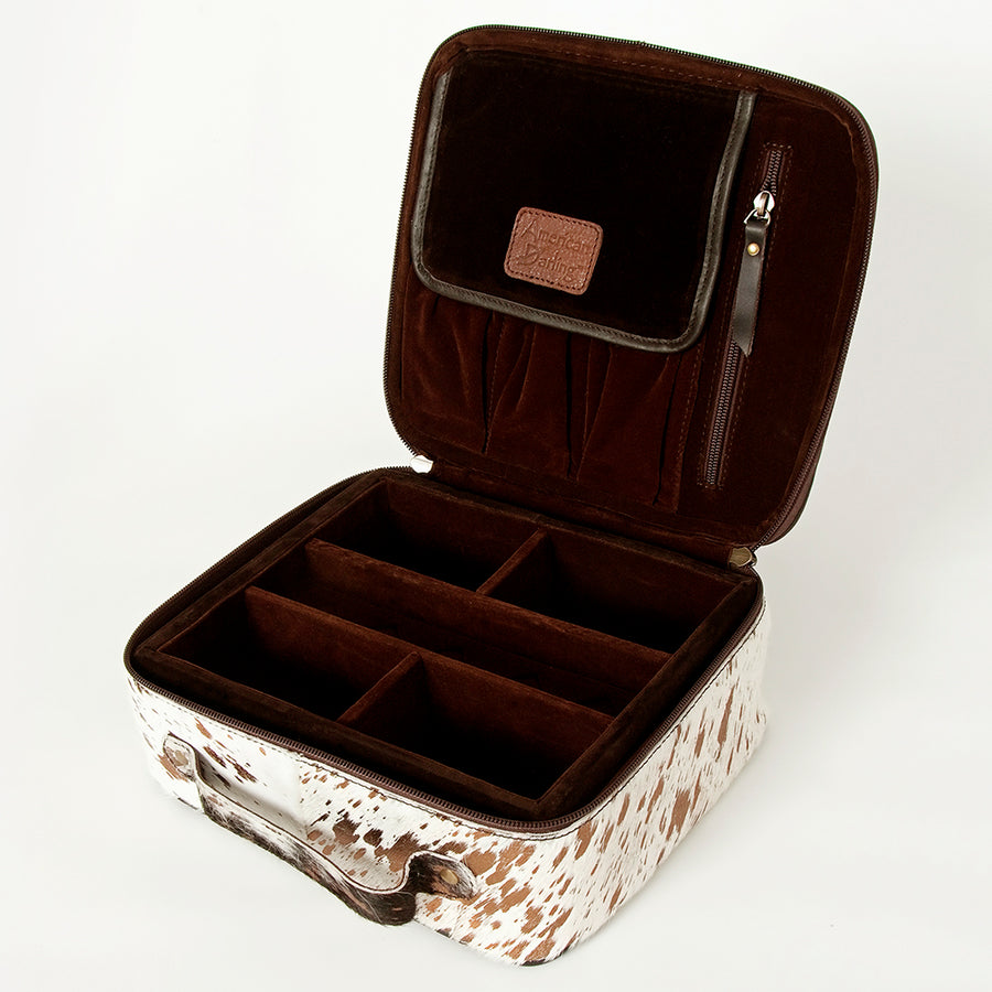 American Darling Genuine Leather Jewelry Case for Women Hair-On Cowhide Travel Organizer Box with Top Handle & YKK Zipper